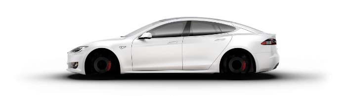 A Tesla Model S in white from the side, with the hood of the car on the left